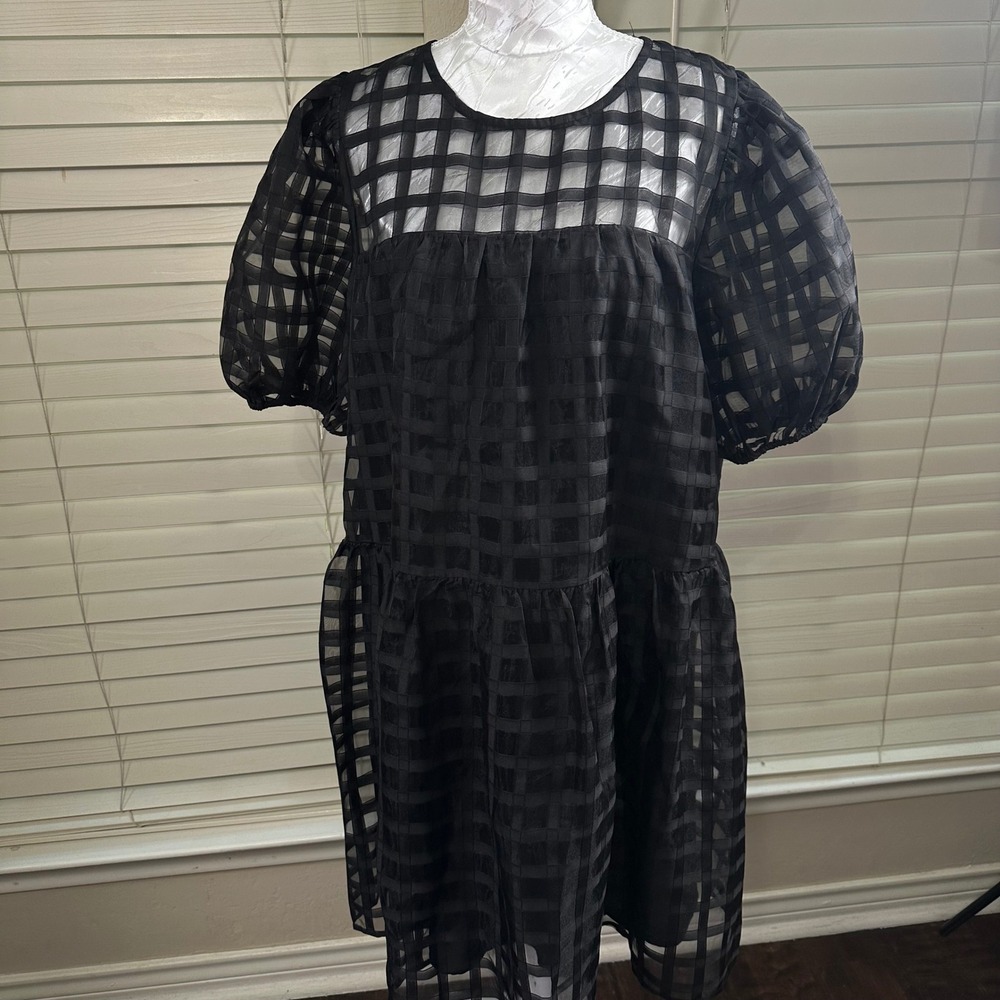 First Love by Lovelyn Dress Womens Large Black Sheer Grid Puff Sleeve Babydoll